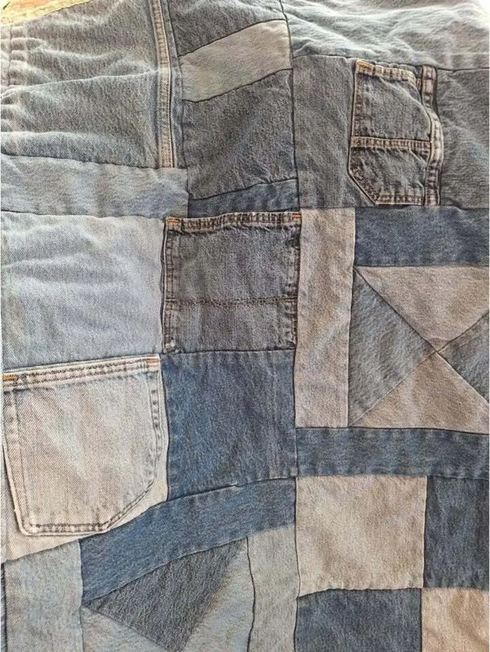 Denim vintage quilt, hand made upcycled Levis too, cotton flannel back. 58